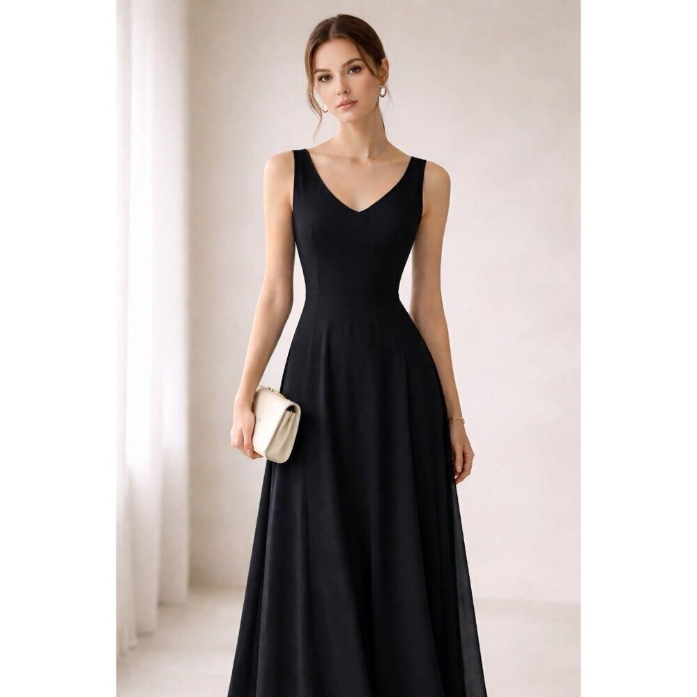 Black Maxi Dress Vneck Tie Back Classic Minimal Quiet Lux Grunge Fairy SMALL